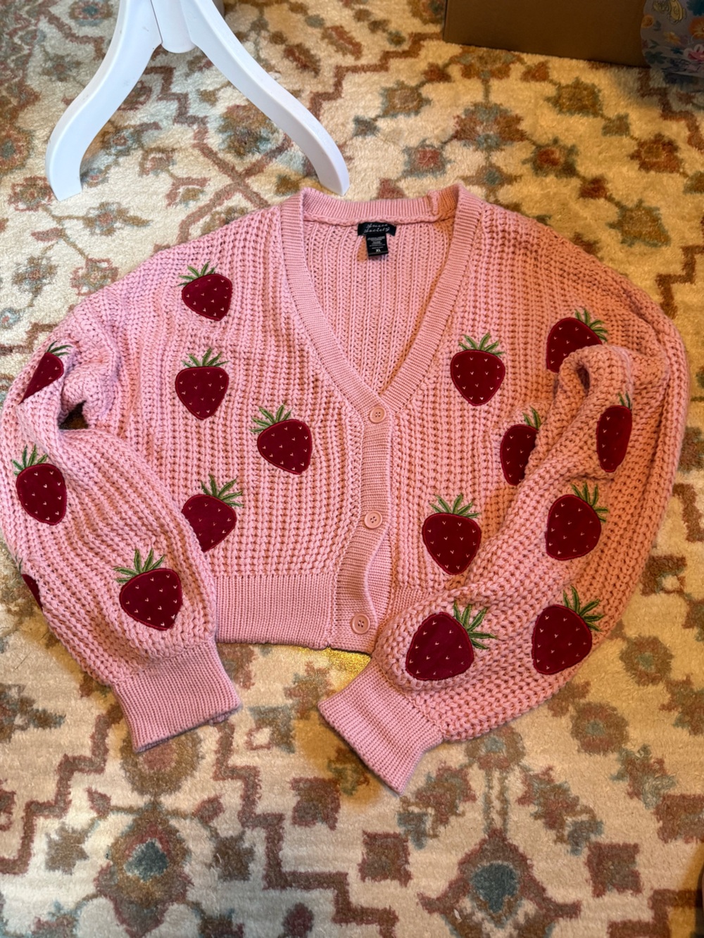 Women's Pink Strawberry Embroidered Cardigan Sweater - sweet society xl